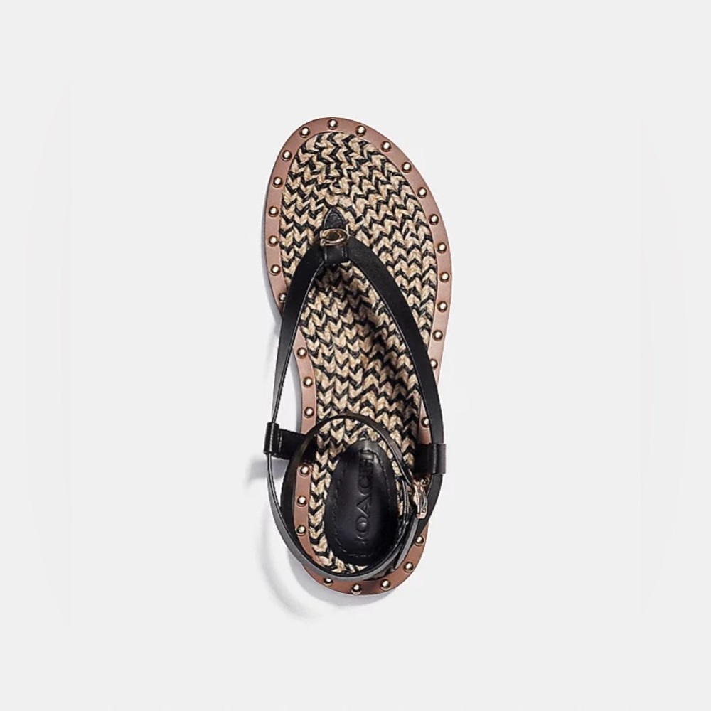 Coach Gracey thong Sandal black Editor's Notes ankle-wrap gold studs woven jute - Picture 4 of 10